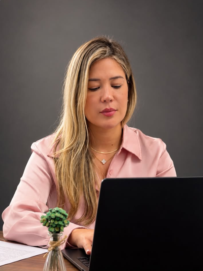 Dra. Erica Souza trabalhando em seu escritório